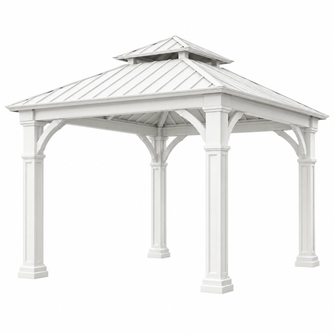 Pergola de jardin 300 x 300 x 320 cm en bois blanc avec toit métallique style pavillon - Xelmavor