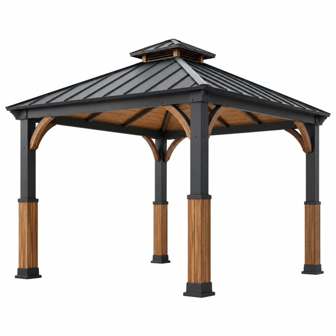 Pavillon de jardin 300 x 300 x 300 cm en métal et bois noir/marron style contemporain pour extérieur - Xelmavor
