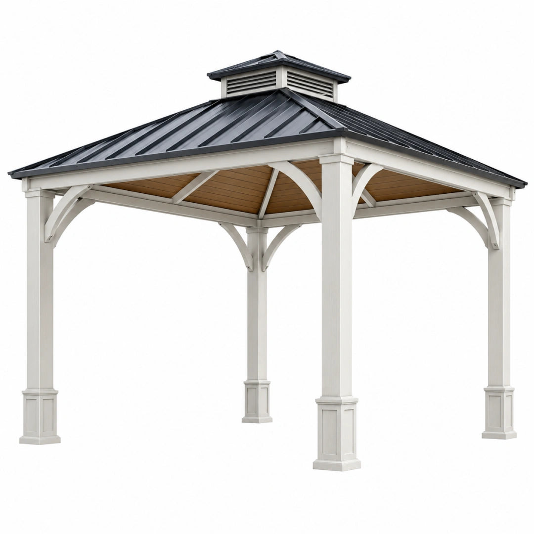 Pavillon de jardin 300 x 300 x 320 cm en bois blanc avec toit métallique noir - Xelmavor