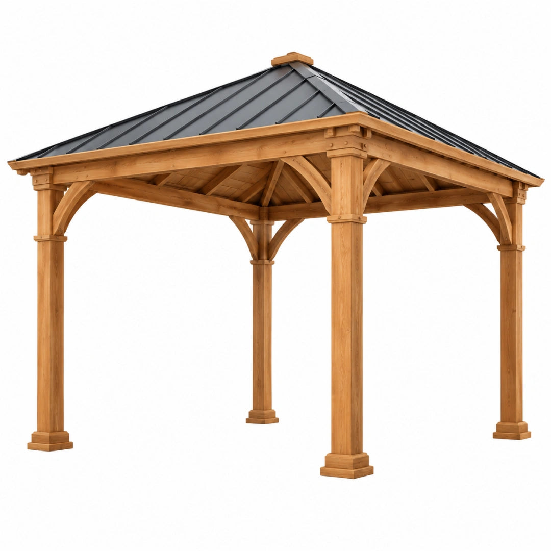 Tonnelle de jardin 400 x 400 cm en bois marron avec toit métallique noir style classique - Xelmavor