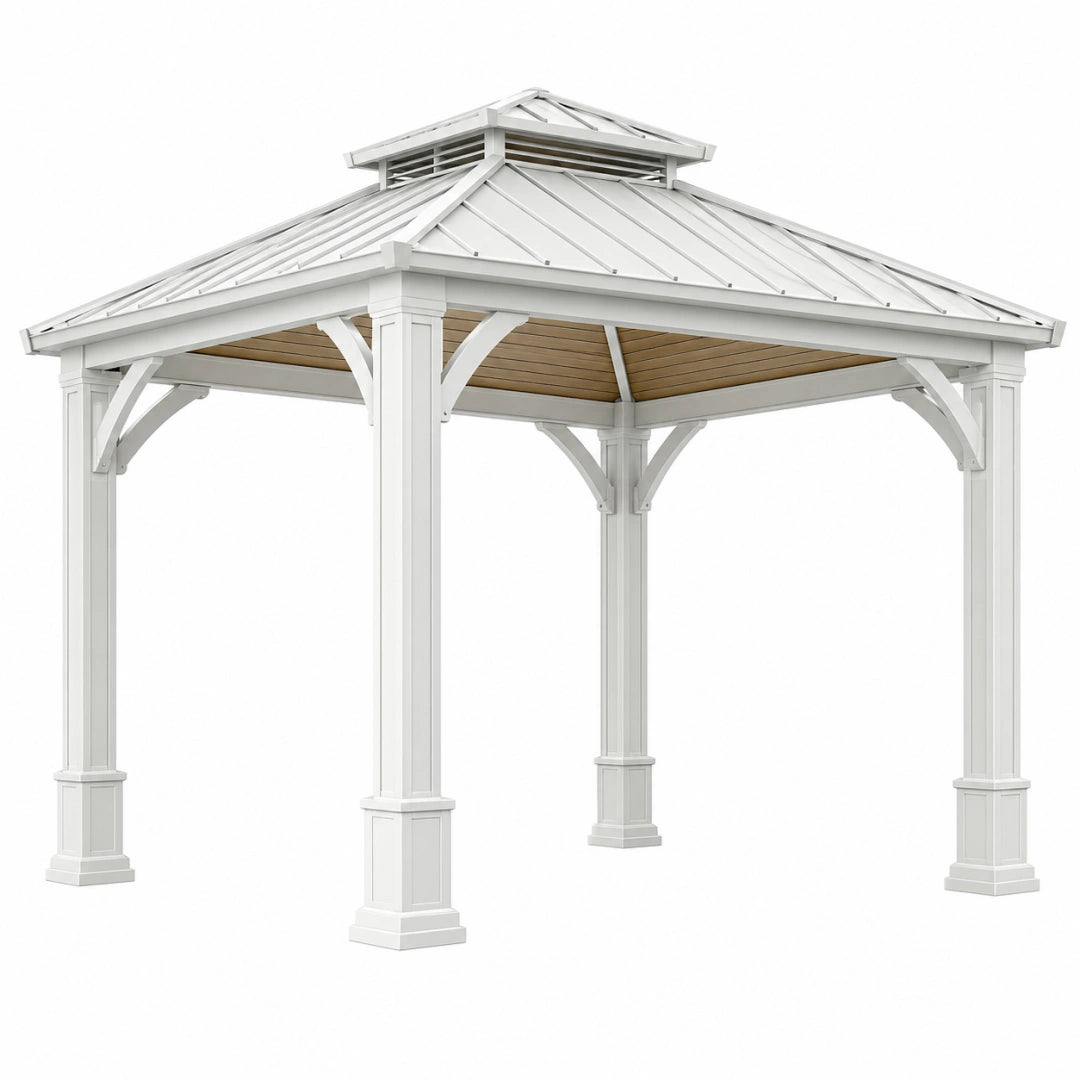 Tonnelle de jardin 300 x 300 cm en bois blanc avec toit métallique style pavillon - Xelmavor