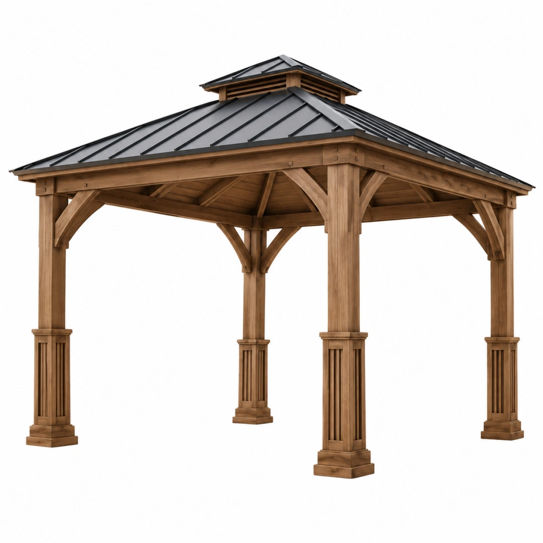 Tonnelle de jardin 400 x 400 x 330 cm en bois marron avec toit noir style pavillon - Xelmavor