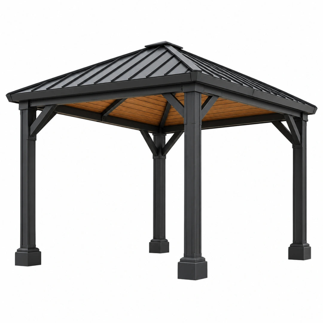 Pavillon de jardin 300 x 300 x 300 cm acier noir toit métallique style contemporain - Xelmavor