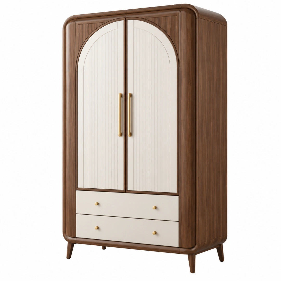 Armoire 100 x 55 x 190 cm aspect bois noyer et crème style rétro avec 2 portes et 2 tiroirs - Xelmavor