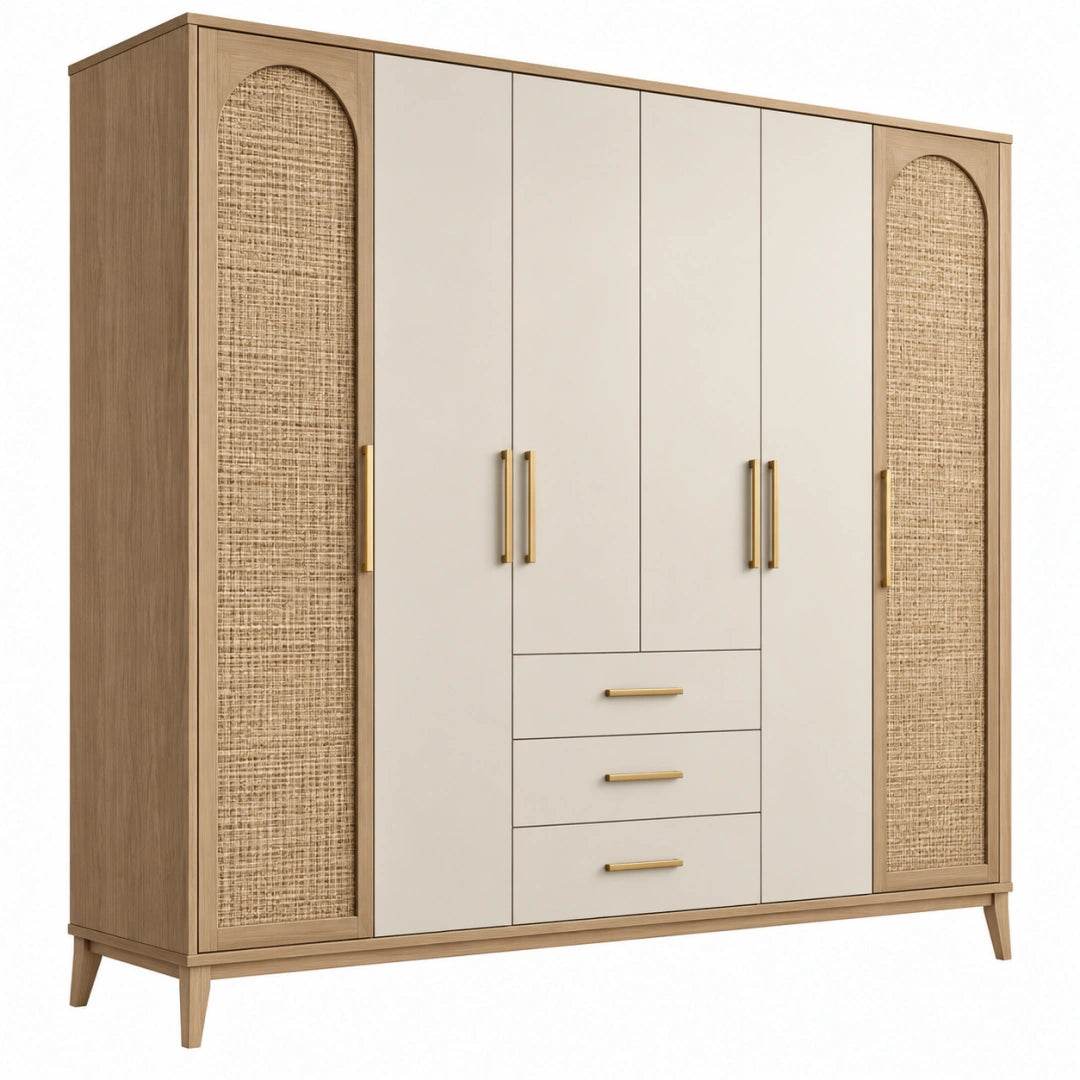 Armoire 220 x 60 x 210 cm bois naturel et beige avec portes en rotin style bohème - Xelmavor