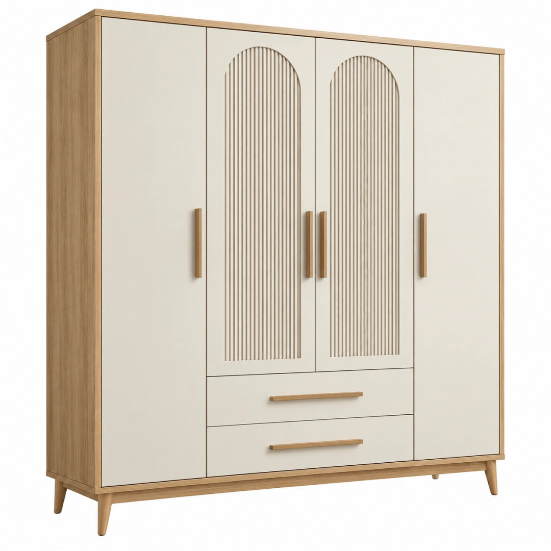 Armoire 160 x 55 x 200 cm en panneaux de bois beige et bois à 4 portes avec 2 tiroirs style contemporain - Xelmavor