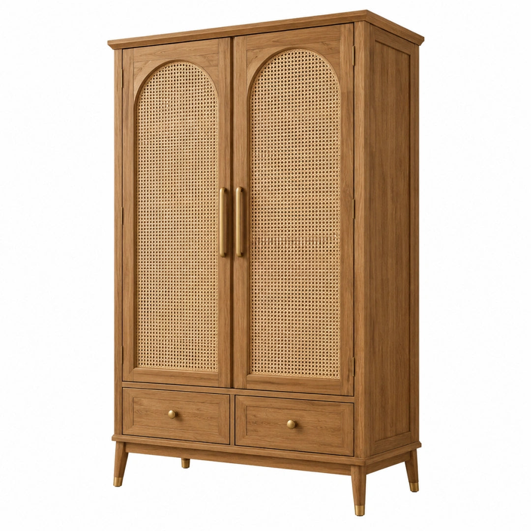 Armoire de rangement 90 x 45 x 180 cm en bois marron avec cannage style bohème - Xelmavor