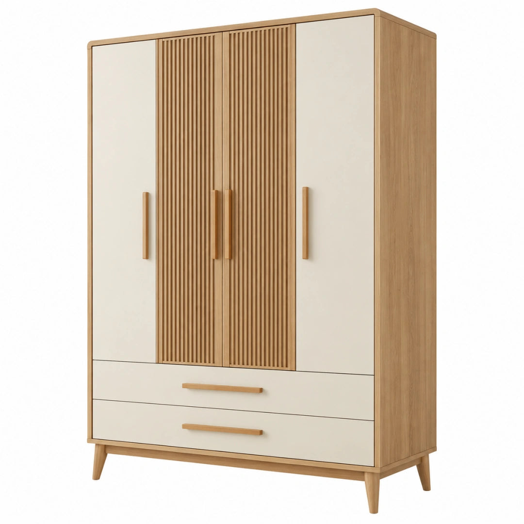 Armoire 120 x 55 x 190 cm en bois beige et naturel avec 4 portes et 2 tiroirs - Xelmavor